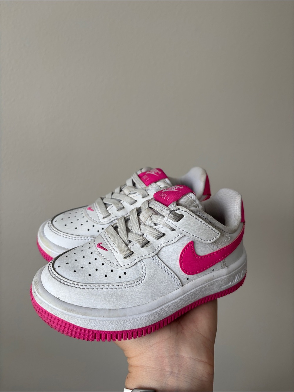 Nike AIR FORCE 1 WHITE/LASER FUCHSIA kids size 8 C lace up Velcro sneakers - Picture 11 of 14